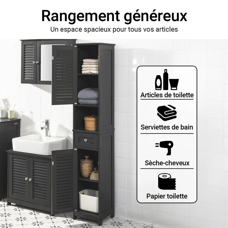sebuyfr.comG236-DG Colonne Salle de Bain avec 2 Portes, 1 Tiroir et Niche Ouverte, pour Salle de Bain et WC, Rangement Optimisé – L32×P30×H170 cm, Gris Foncé