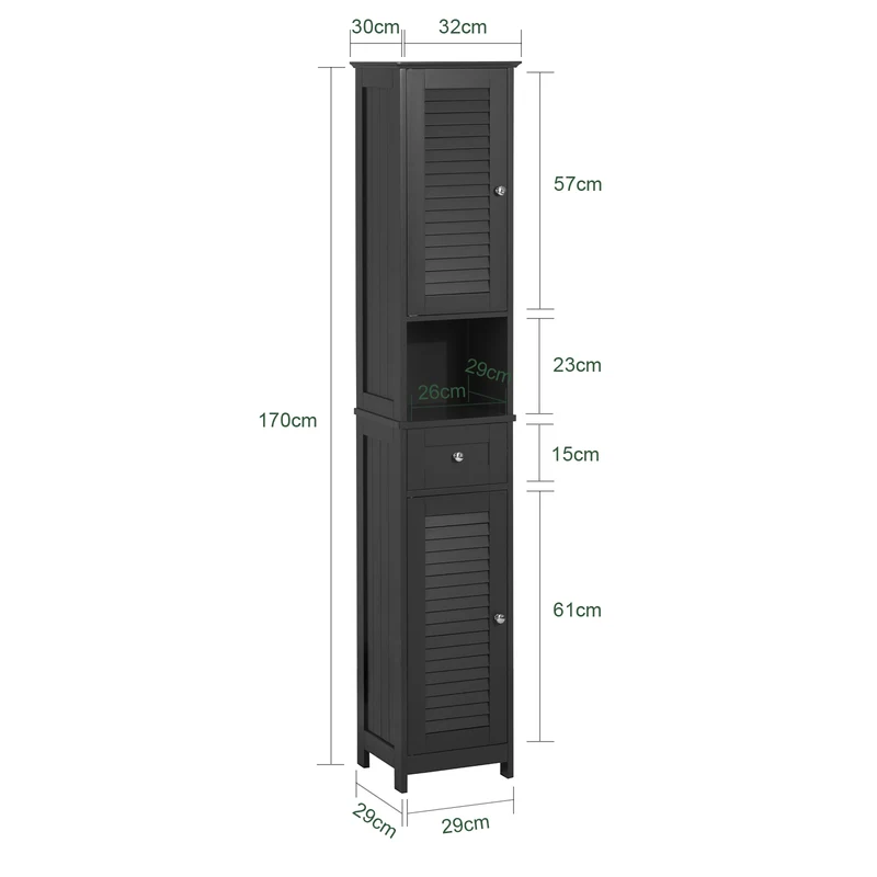 sebuyfr.comG236-DG Colonne Salle de Bain avec 2 Portes, 1 Tiroir et Niche Ouverte, pour Salle de Bain et WC, Rangement Optimisé – L32×P30×H170 cm, Gris Foncé
