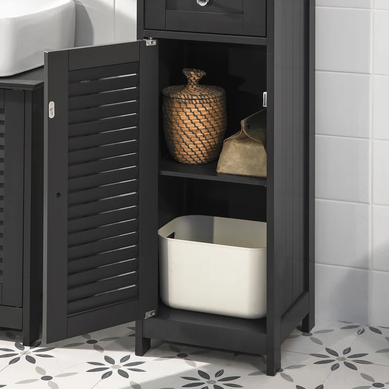 sebuyfr.comG236-DG Colonne Salle de Bain avec 2 Portes, 1 Tiroir et Niche Ouverte, pour Salle de Bain et WC, Rangement Optimisé – L32×P30×H170 cm, Gris Foncé