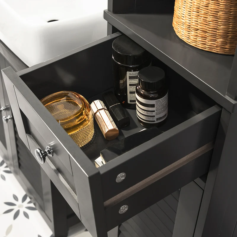 sebuyfr.comG236-DG Colonne Salle de Bain avec 2 Portes, 1 Tiroir et Niche Ouverte, pour Salle de Bain et WC, Rangement Optimisé – L32×P30×H170 cm, Gris Foncé