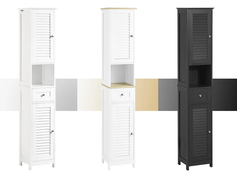 sebuyfr.comG236-DG Colonne Salle de Bain avec 2 Portes, 1 Tiroir et Niche Ouverte, pour Salle de Bain et WC, Rangement Optimisé – L32×P30×H170 cm, Gris Foncé