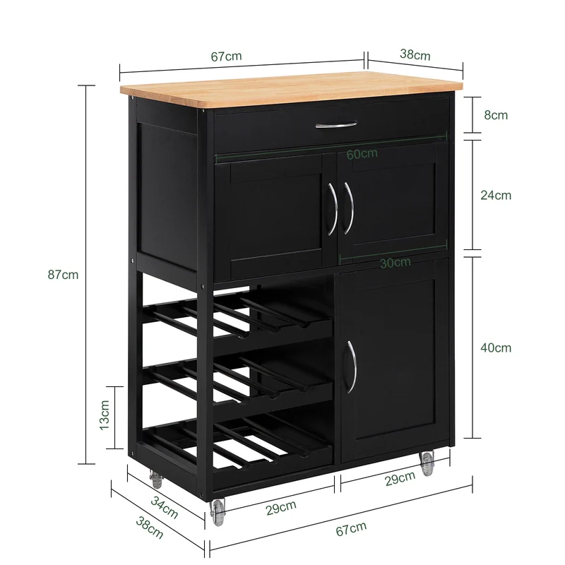 SoBuy FKW45-SCH Desserte de Cuisine sur Roulettes avec Casier à Vin – Plan de Travail Bois Massif, 1 Tiroir, 2 Portes, Noir, 67×38×86 cm