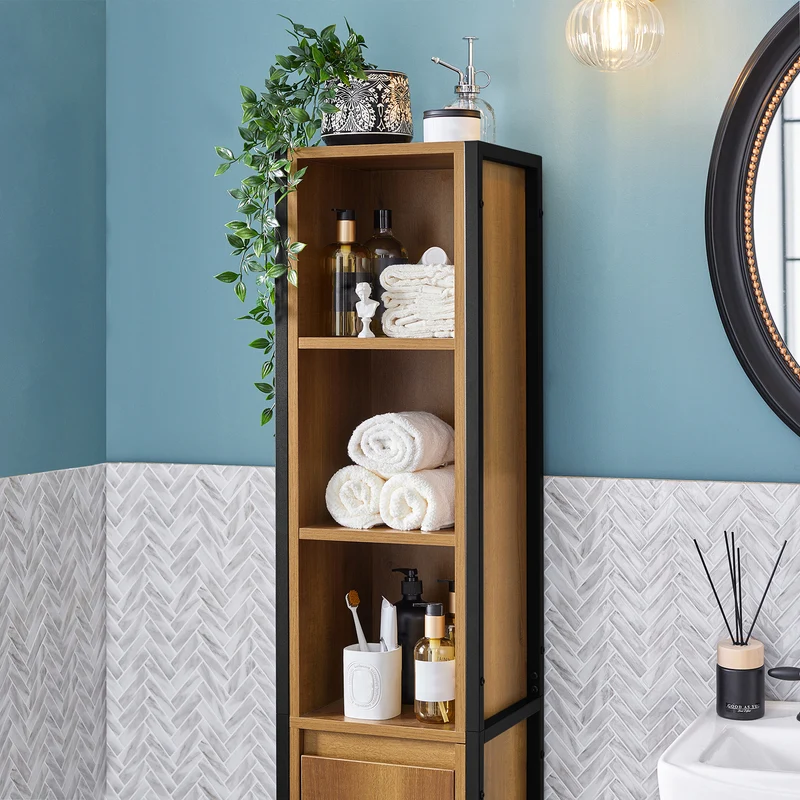 SoBuy BZR62-PF Colonne Salle de Bain avec 3 Compartiments Ouverts et 1 Porte, Gain de Place, Style Industriel, pour Salle de Bain et WC – L30×P28×H168 cm