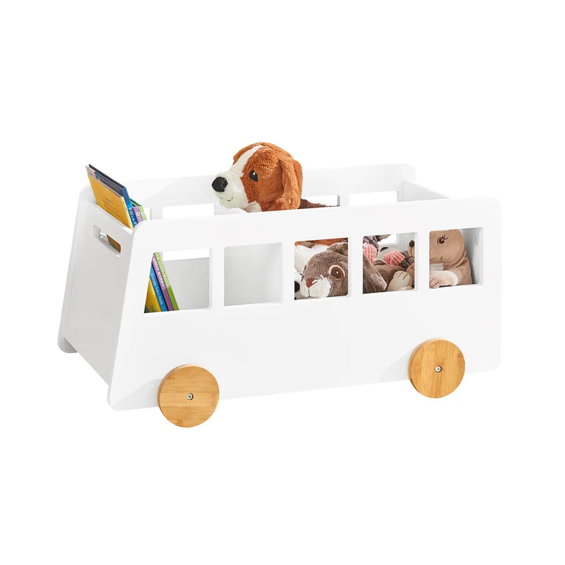 SoBuy KMB41-W Chariot Bibliothèque pour Enfants, Coffre à roulettes, Organisateur pour Jouets et Livres, Forme de Petite Voiture