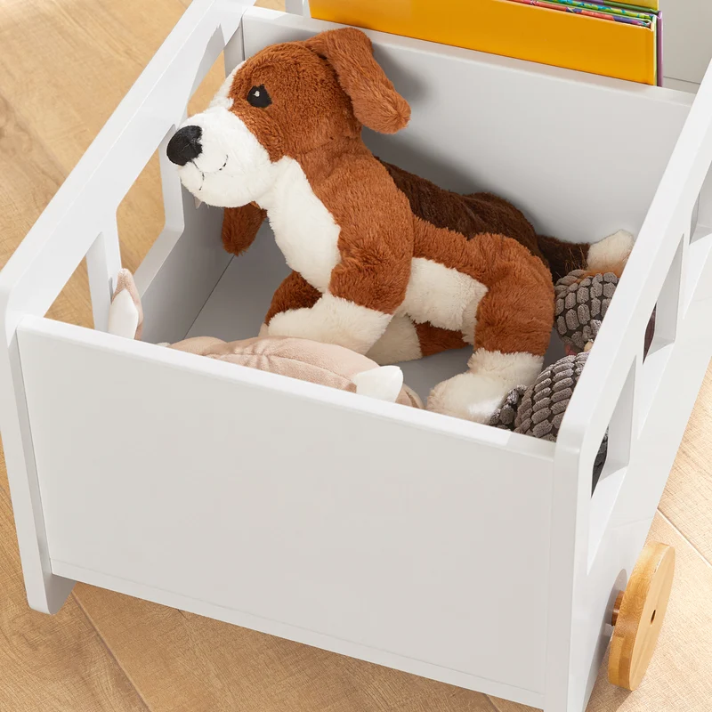 SoBuy KMB41-W Chariot Bibliothèque pour Enfants, Coffre à roulettes, Organisateur pour Jouets et Livres, Forme de Petite Voiture