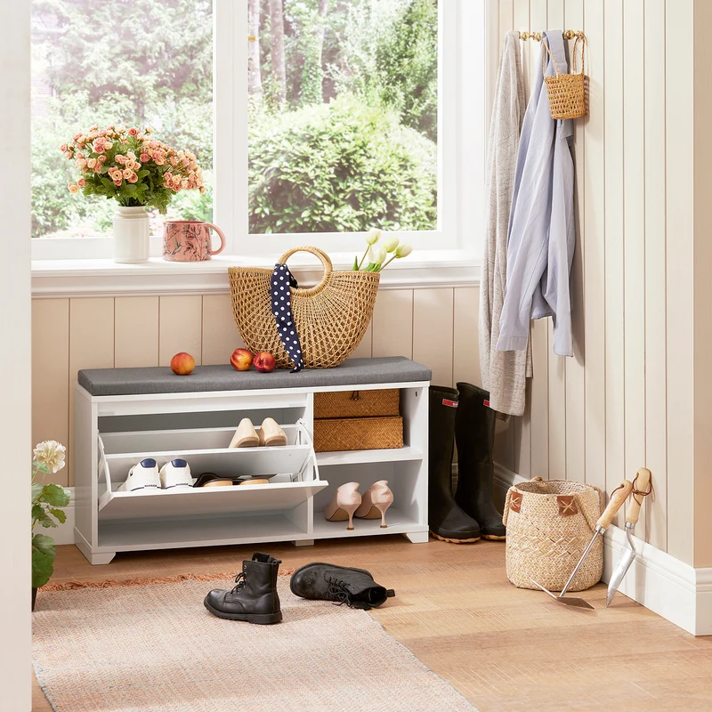 SoBuy FSR119-W Banc à Chaussures avec Coussin Rembourré, 1 Abattant et 2 Compartiments Ouverts pour Entrée – 90x24x46 cm, Blanc