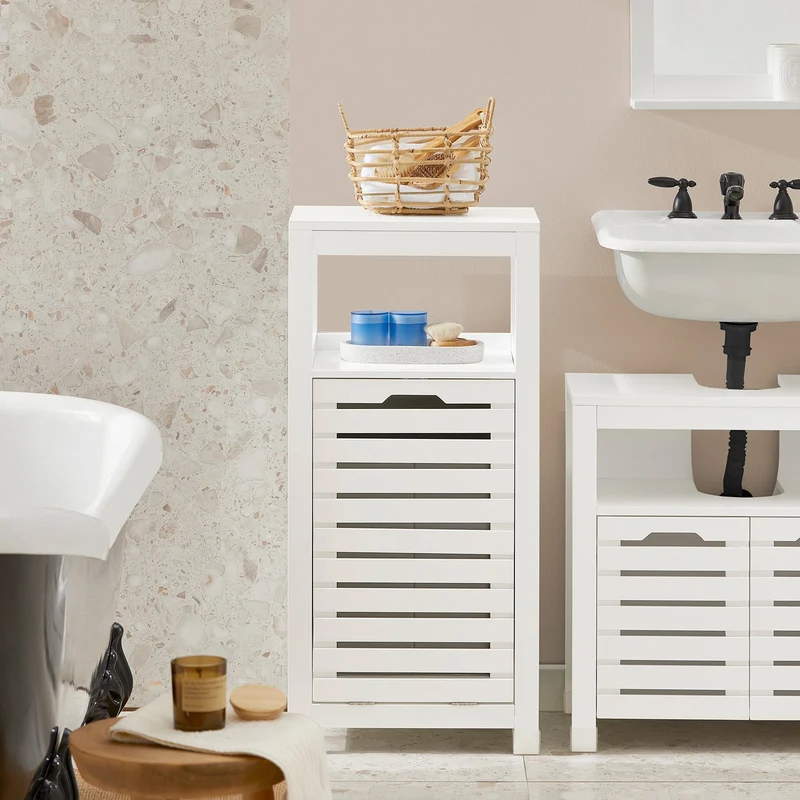 SoBuy BZR67-W Meuble Bas Armoire Toilette avec 1 Panier bac à Linge basculant Meuble de Rangement Corbeille à Linge Coffre à Linge