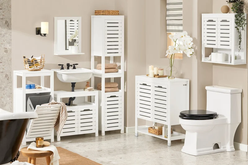 SoBuy BZR67-W Meuble Bas Armoire Toilette avec 1 Panier bac à Linge basculant Meuble de Rangement Corbeille à Linge Coffre à Linge