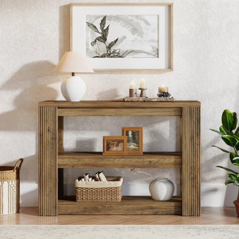 Tribesigns Console étroite 105 cm, Table basse de style campagnard à 3 niveaux avec étagères