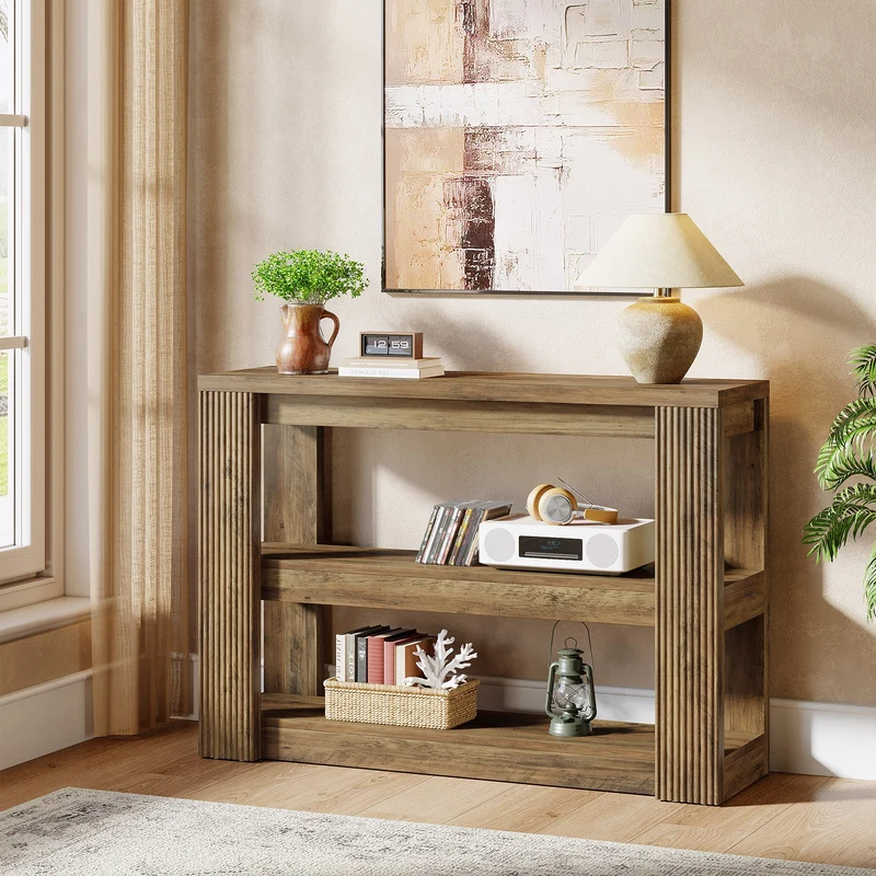 Tribesigns Console étroite 105 cm, Table basse de style campagnard à 3 niveaux avec étagères