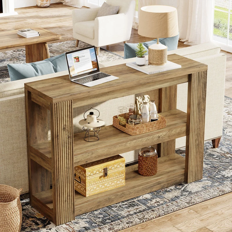 Tribesigns Console étroite 105 cm, Table basse de style campagnard à 3 niveaux avec étagères