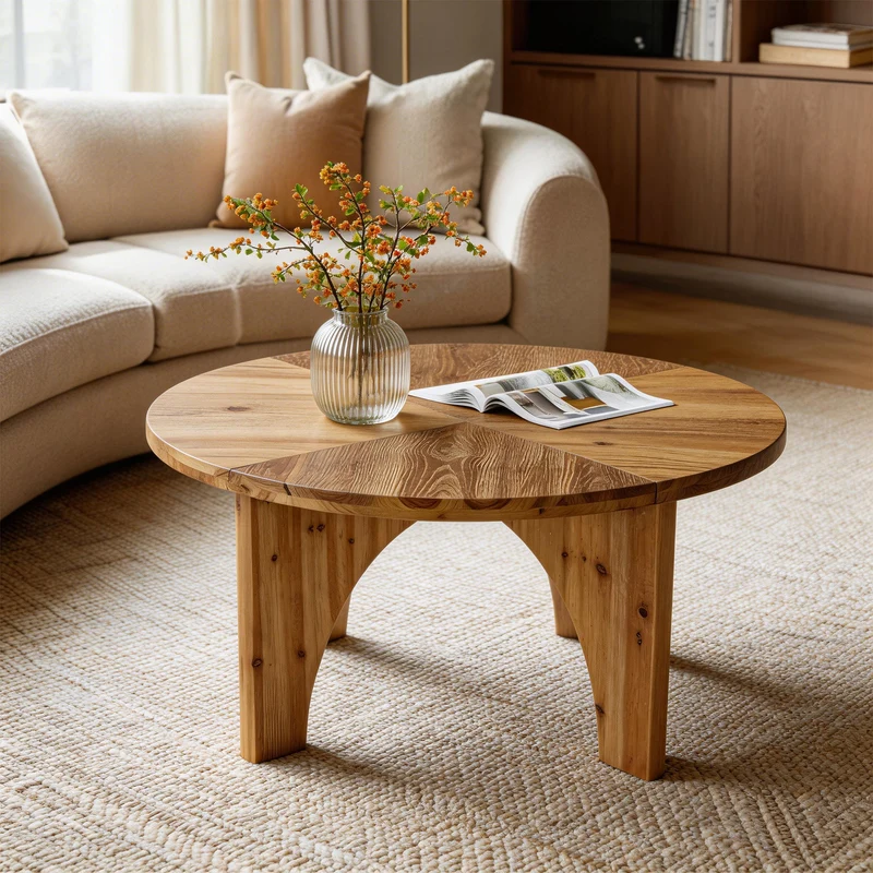 Tribesigns Table basse ronde en bois massif 80 cm, Style campagnard avec pieds incurvés