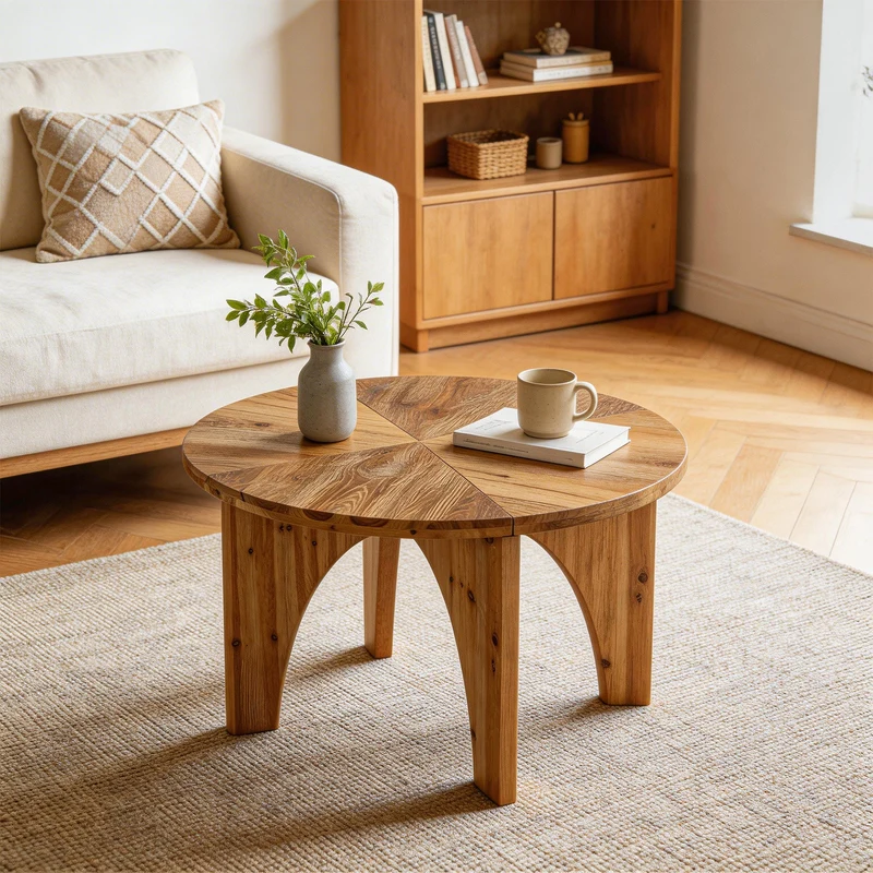 Tribesigns Table basse ronde en bois massif 80 cm, Style campagnard avec pieds incurvés