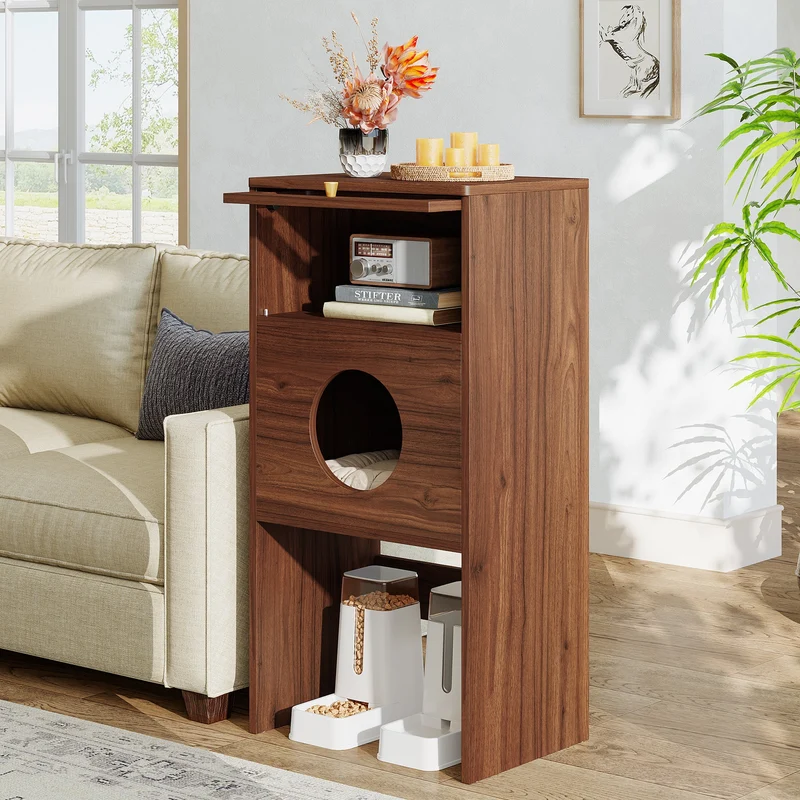 Tribesigns Meuble pour chat avec espace de rangement, Meuble pour bac à litière et table d'appoint 2 en 1