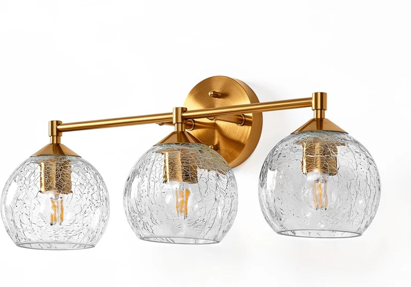 Tribesigns Applique murale dorée pour salle de bain à 3 lumières avec globes en verre craquelé