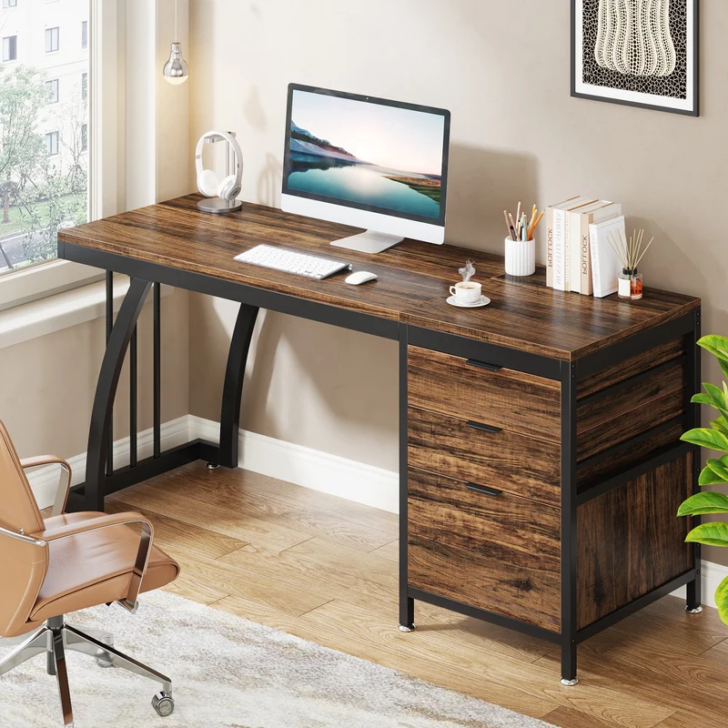 Tribesigns Bureau informatique industriel, Bureau 150 cm avec armoire à tiroirs réversible