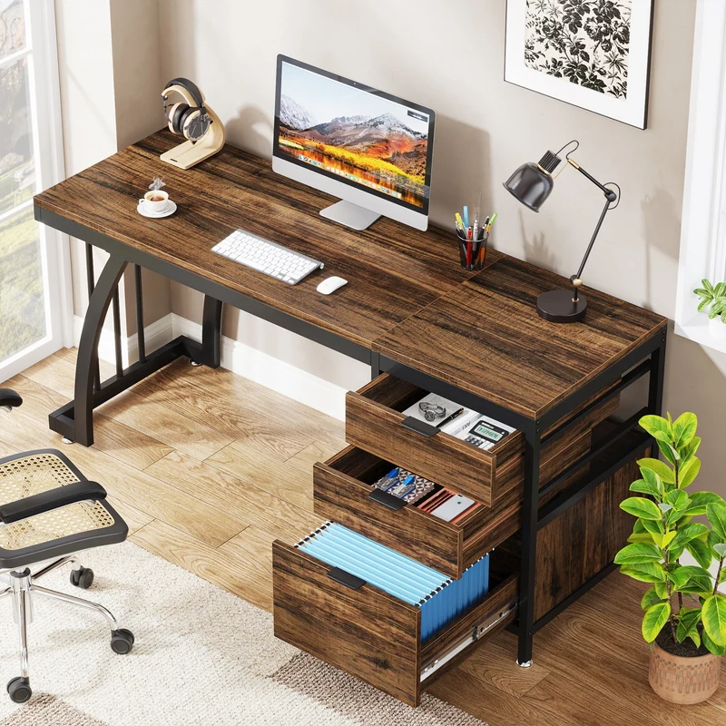 Tribesigns Bureau informatique industriel, Bureau 150 cm avec armoire à tiroirs réversible