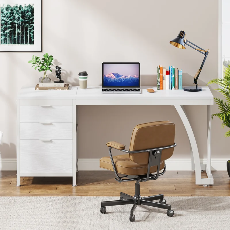 Tribesigns Bureau informatique industriel, Bureau 150 cm avec armoire à tiroirs réversible