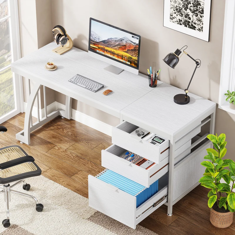 Tribesigns Bureau informatique industriel, Bureau 150 cm avec armoire à tiroirs réversible