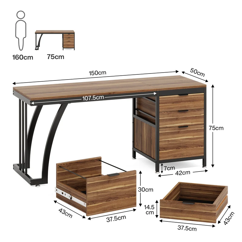Tribesigns Bureau informatique industriel, Bureau 150 cm avec armoire à tiroirs réversible