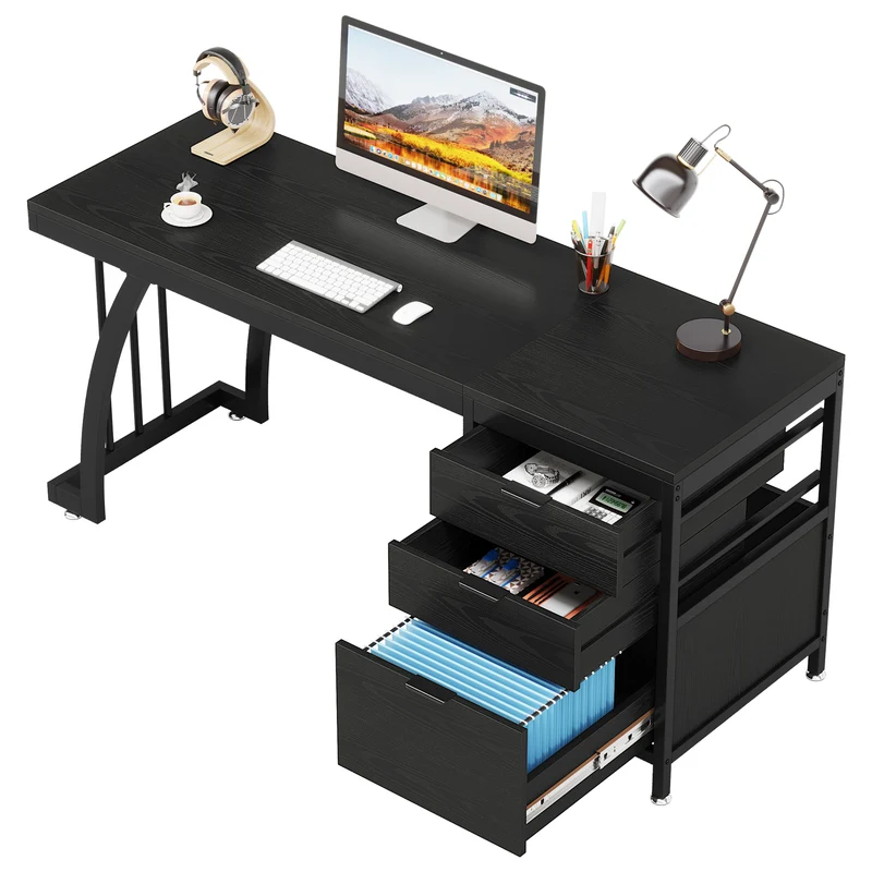 Tribesigns Bureau informatique industriel, Bureau 150 cm avec armoire à tiroirs réversible