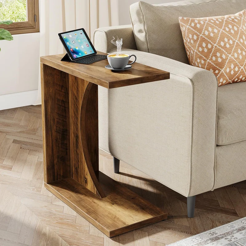Tribesigns Table d'appoint en forme de C 60×30×65 cm, Style rustique pour canapé