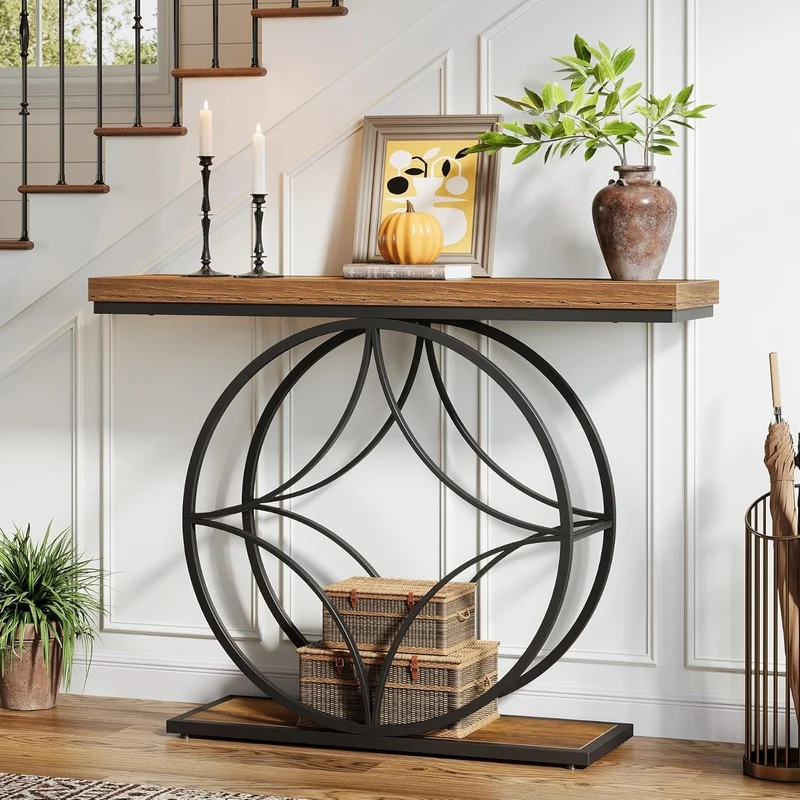 Tribesigns Table console industrielle à 2 niveaux de 120 cm avec cadre géométrique en métal