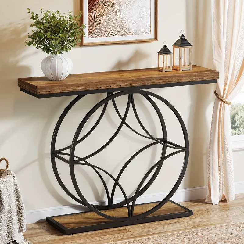 Tribesigns Table console industrielle à 2 niveaux de 120 cm avec cadre géométrique en métal