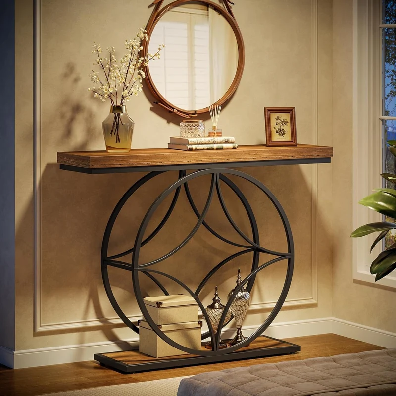 Tribesigns Table console industrielle à 2 niveaux de 120 cm avec cadre géométrique en métal