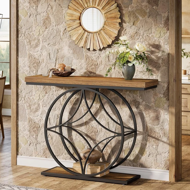Tribesigns Table console industrielle à 2 niveaux de 120 cm avec cadre géométrique en métal