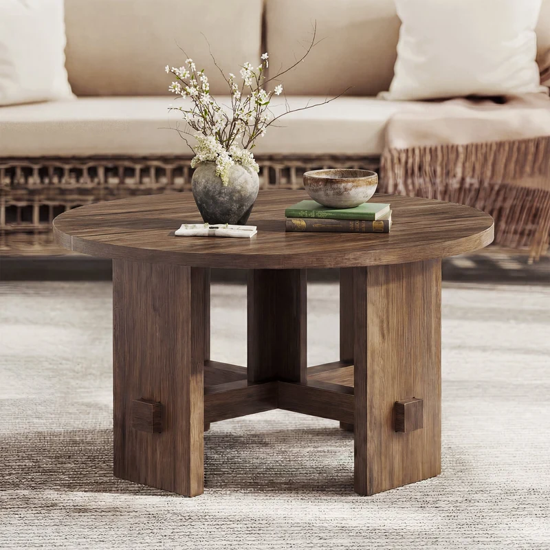 Tribesigns Table basse ronde de 80 cm avec piètement, Petite table de style campagnard