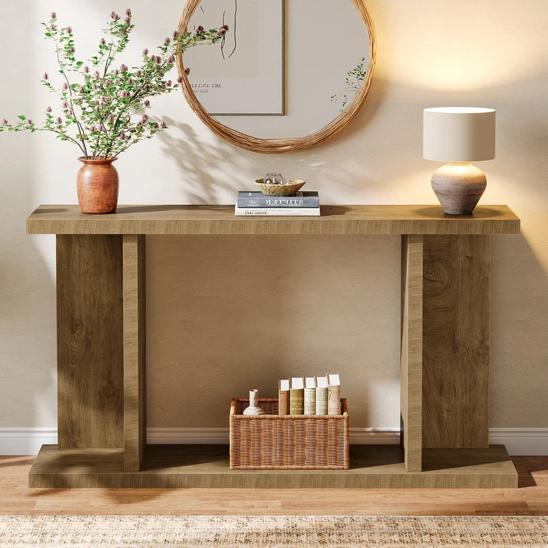 Tribesigns Console de 140 cm de long, Style campagnard console étroite à deux niveaux avec piètement