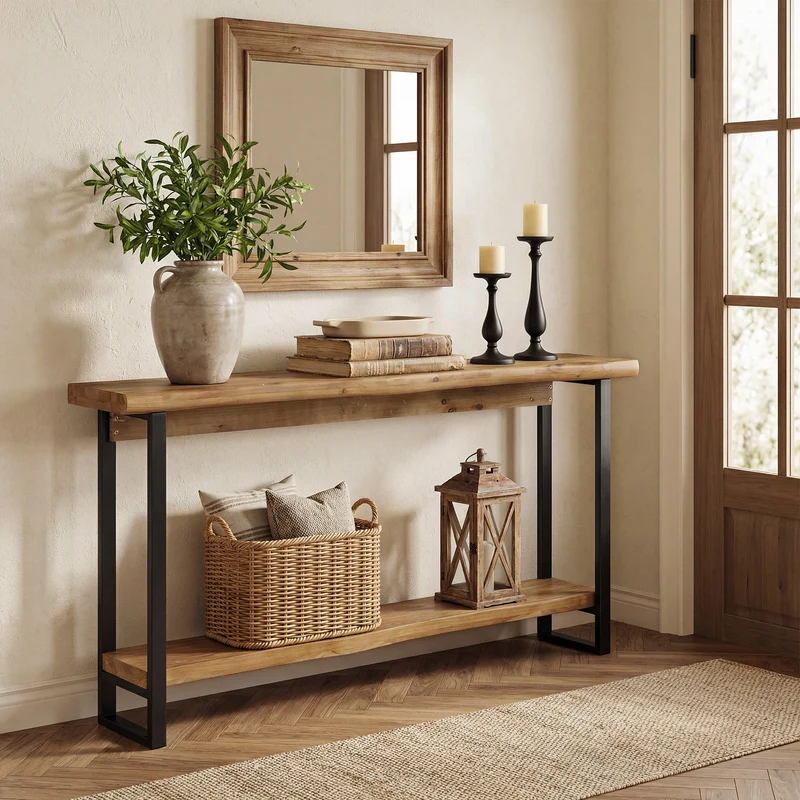 Tribesigns Console en bois massif de 160 cm avec bord naturel, Table basse à deux niveaux