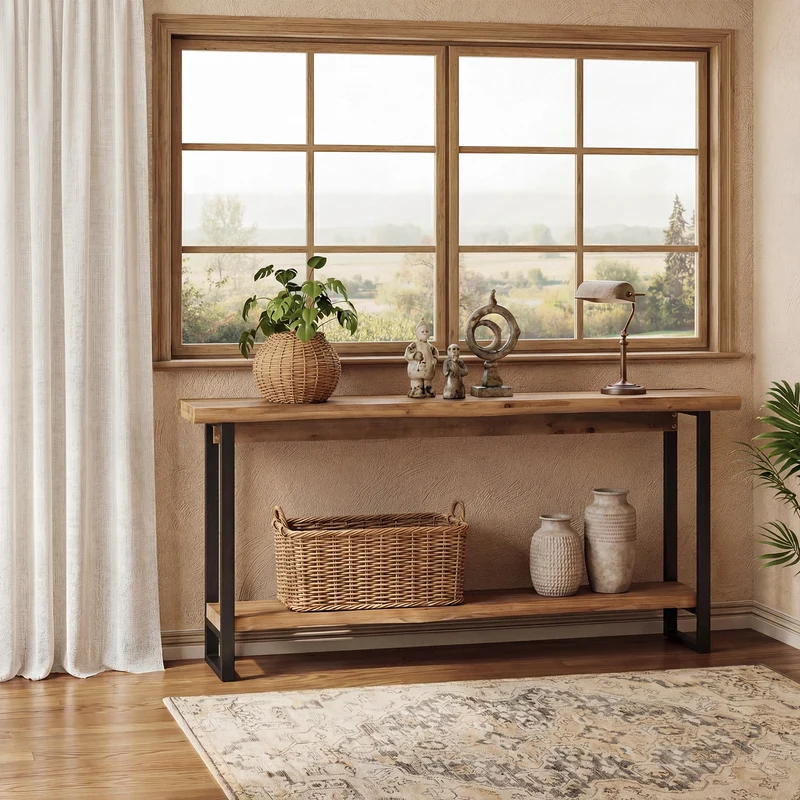 Tribesigns Console en bois massif de 160 cm avec bord naturel, Table basse à deux niveaux