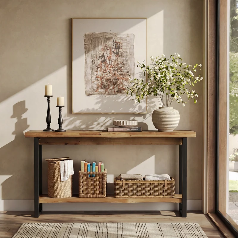 Tribesigns Console en bois massif de 160 cm avec bord naturel, Table basse à deux niveaux