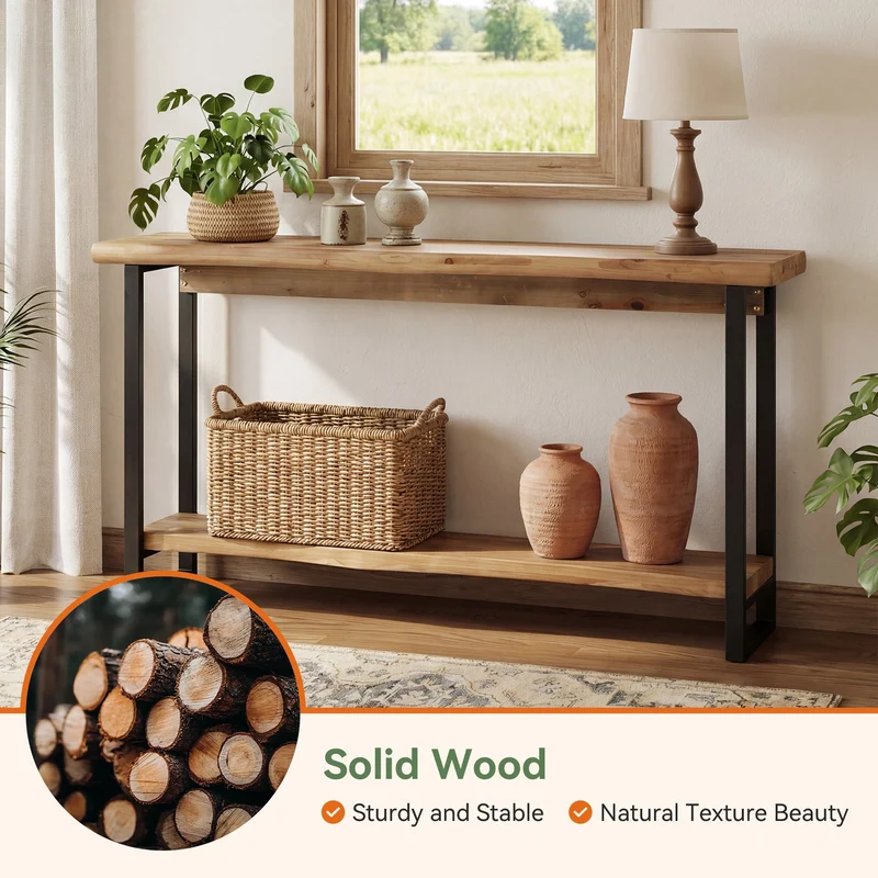 Tribesigns Console en bois massif de 160 cm avec bord naturel, Table basse à deux niveaux