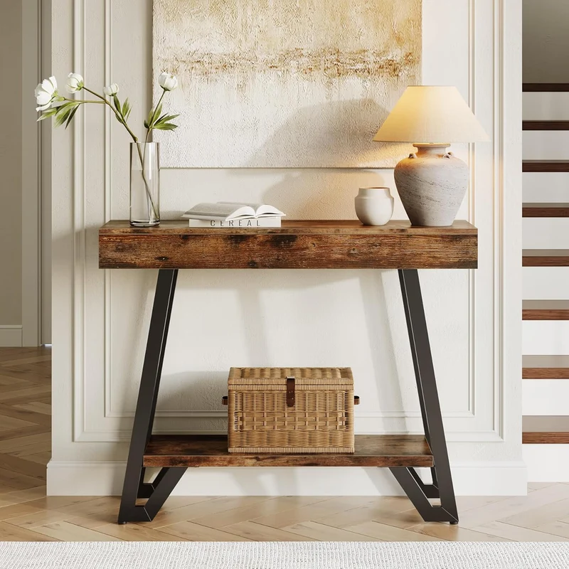 Tribesigns Console de style industriel rustique, Étagère à deux niveaux avec structure métallique pour entrée et salon