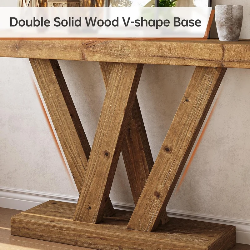 Tribesigns Table console en bois massif 120 cm avec double base en forme de V pour salon