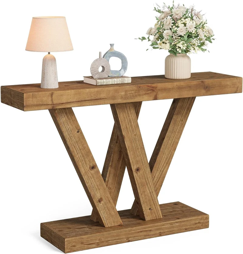 Tribesigns Table console en bois massif 120 cm avec double base en forme de V pour salon