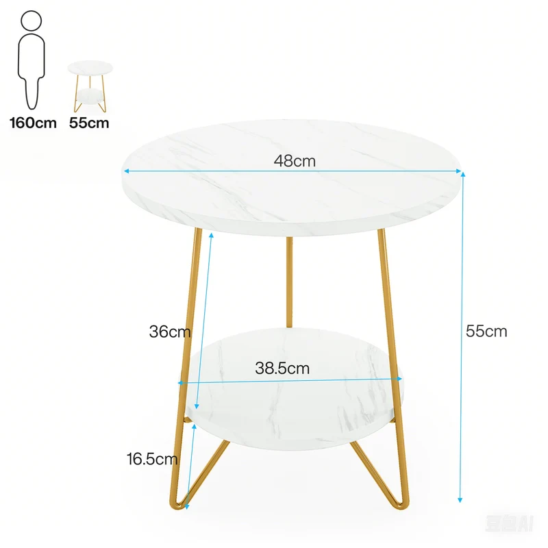 Tribesigns Table d'appoint en faux marbre, Table d'appoint ronde à 2 niveaux avec étagères Table de chevet dorée moderne