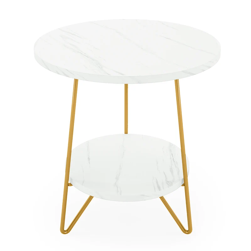 Tribesigns Table d'appoint en faux marbre, Table d'appoint ronde à 2 niveaux avec étagères Table de chevet dorée moderne