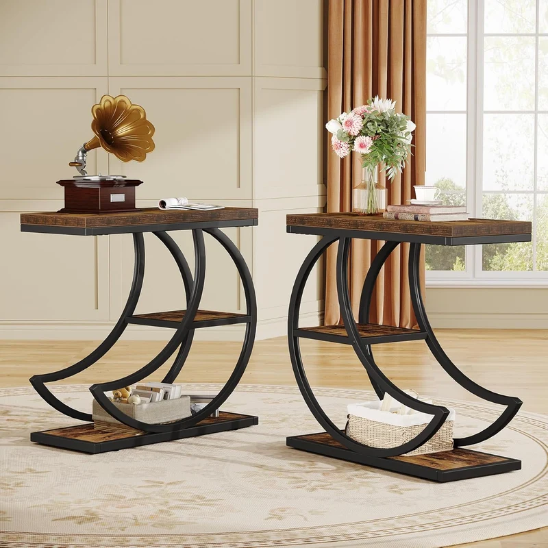 Tribesigns Petite table d'appoint en forme de lune en métal, Table de chevet étroite en bois