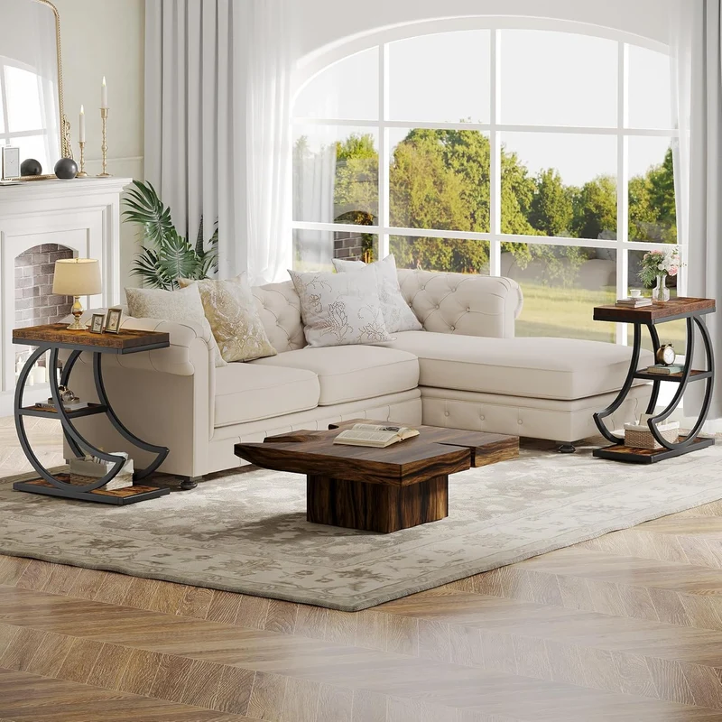 Tribesigns Petite table d'appoint en forme de lune en métal, Table de chevet étroite en bois