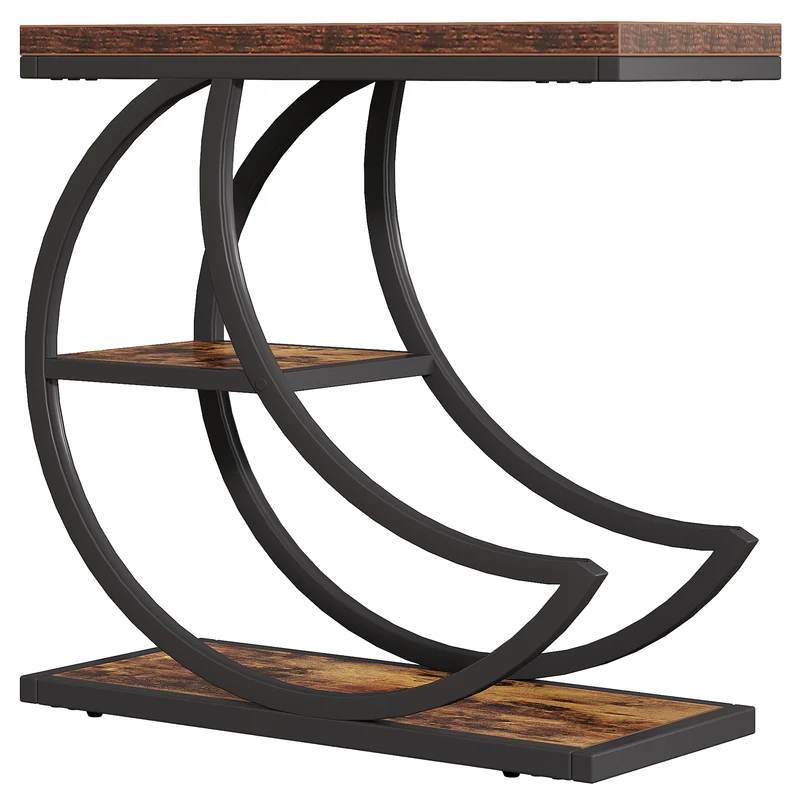 Tribesigns Petite table d'appoint en forme de lune en métal, Table de chevet étroite en bois