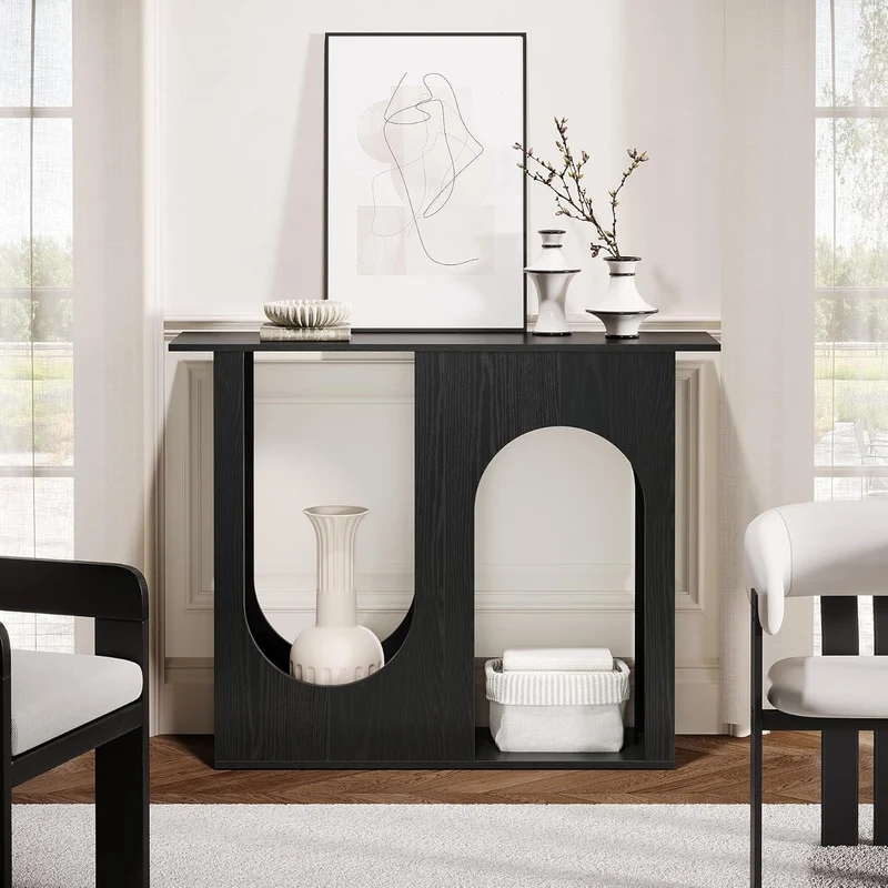 Tribesigns Table basse noire de 90 cm, Console étroite à placer derrière le canapé au design incurvé