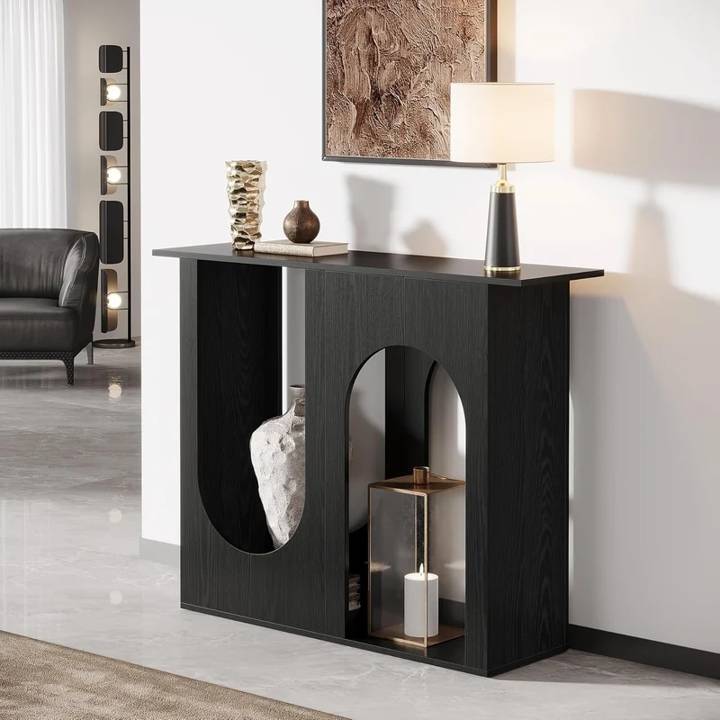 Tribesigns Table basse noire de 90 cm, Console étroite à placer derrière le canapé au design incurvé