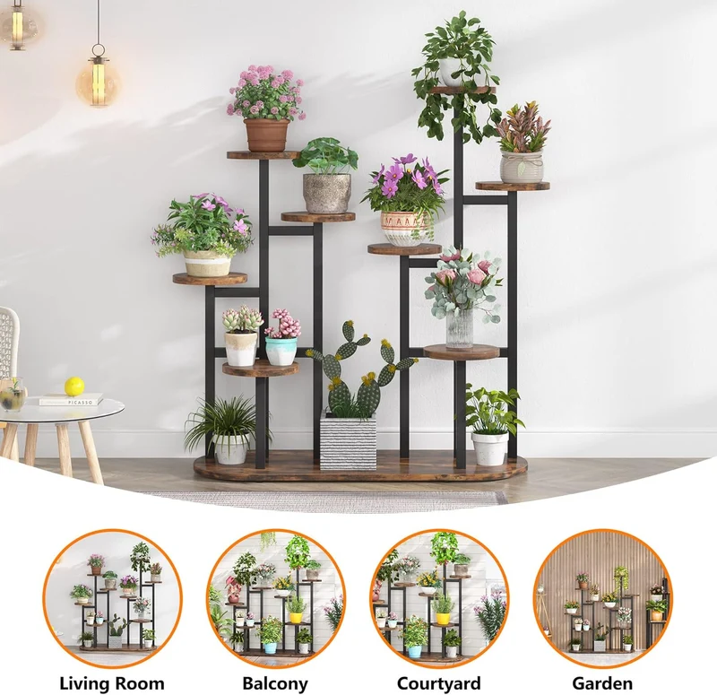 Étagère à Plantes Multifonction, Support pour 11 Pots de Jardinage Rustique