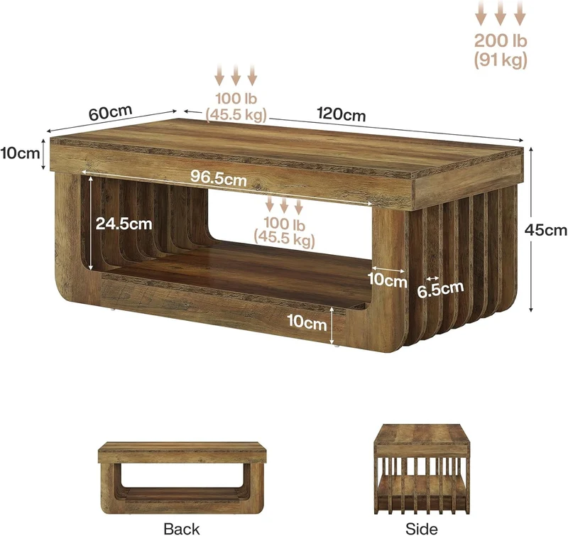 Tribesigns Table basse rustique à 2 niveaux de 120 cm et espace de rangement