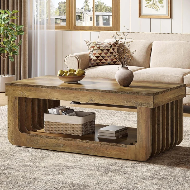 Tribesigns Table basse rustique à 2 niveaux de 120 cm et espace de rangement