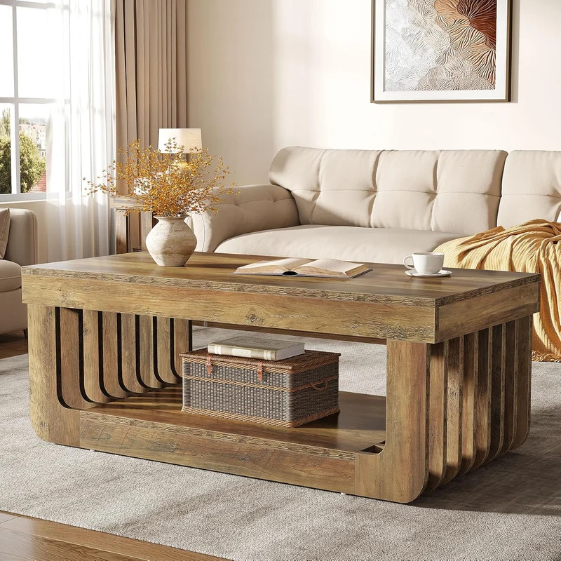 Tribesigns Table basse rustique à 2 niveaux de 120 cm et espace de rangement